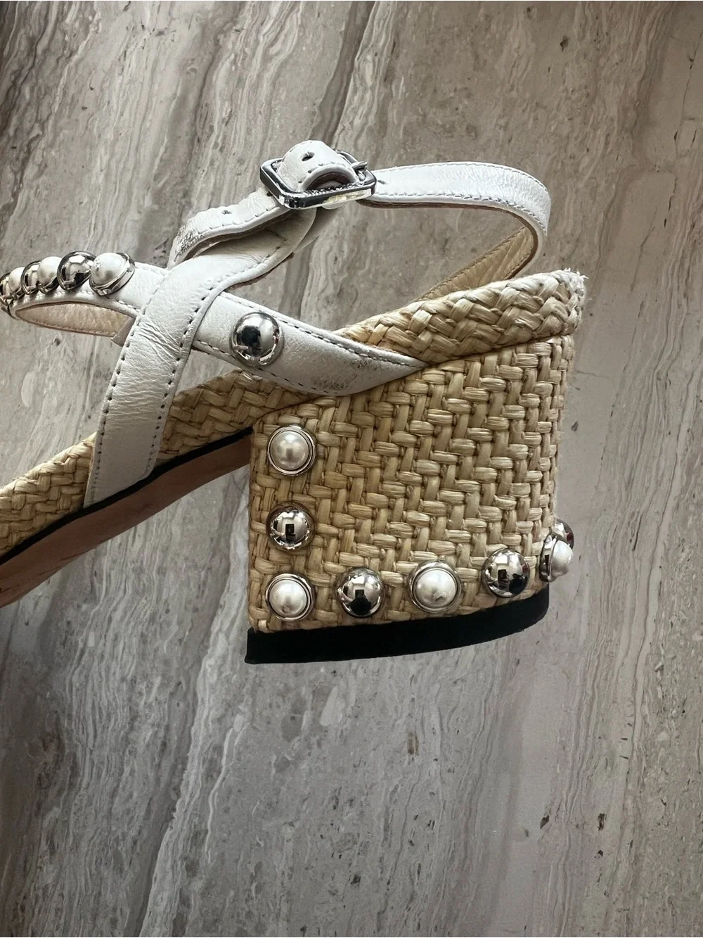 Jimmy Choo Cream Woven Raffia Sandals with Silver Studded Ankle Strap - Picture 2 of 10